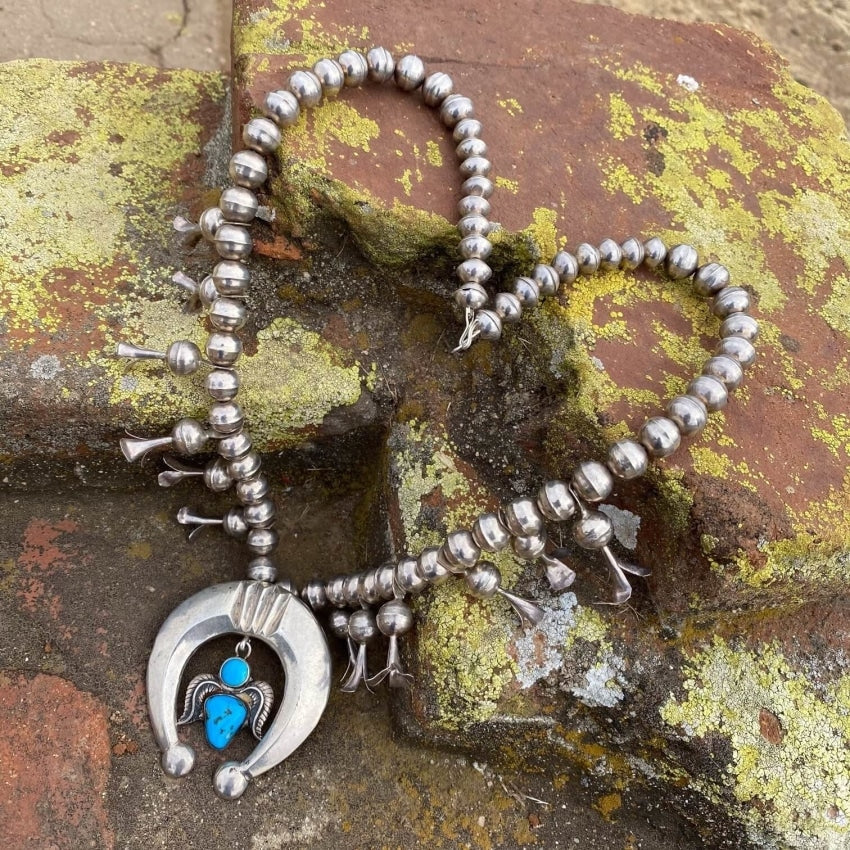 Vintage 1970s Navajo Sterling Silver and Turquoise Squash Blossom Necklace Yourgreatfinds