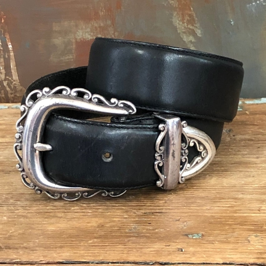 Vintage 1994 Brighton Black Leather Belt with Fancy Buckle Yourgreatfinds