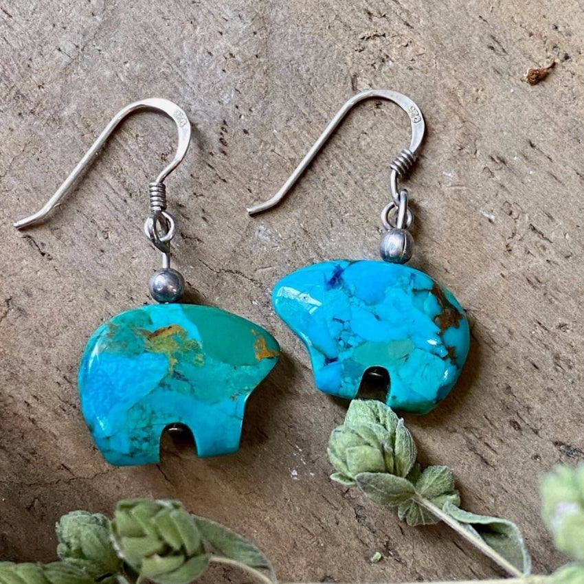 Vintage Carved Turquoise Zuni Bear Earrings Sterling Silver Yourgreatfinds