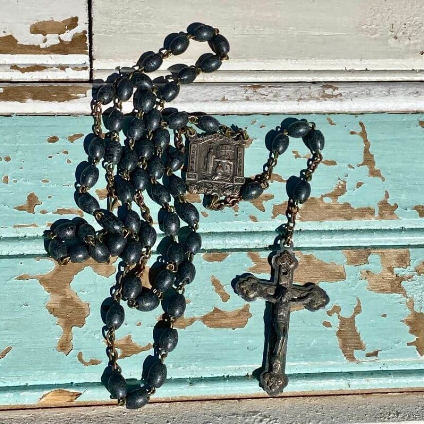 Vintage Charcoal Gray Beaded Rosary with a Rich Patina Yourgreatfinds