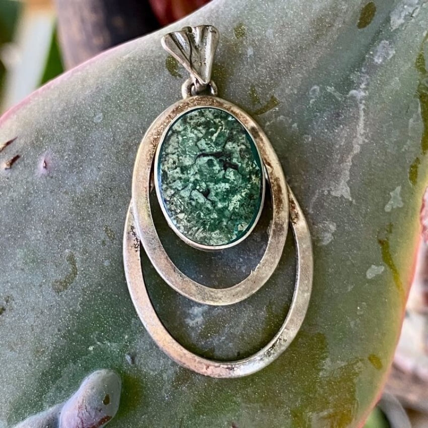 Vintage Double RIng Pendant set with Green Variscite Sterling Yourgreatfinds