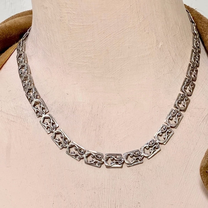 Vintage Fancy Sterling Silver Panel Chain Necklace Dancraft Yourgreatfinds