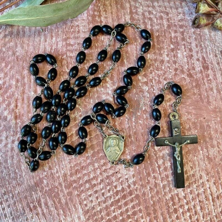 Vintage French Black Bead Rosary with Wooden Crucifix Yourgreatfinds