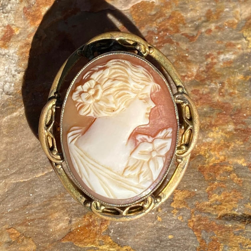 Vintage Gold Over Brass Carved Shell Cameo Pin Pendant