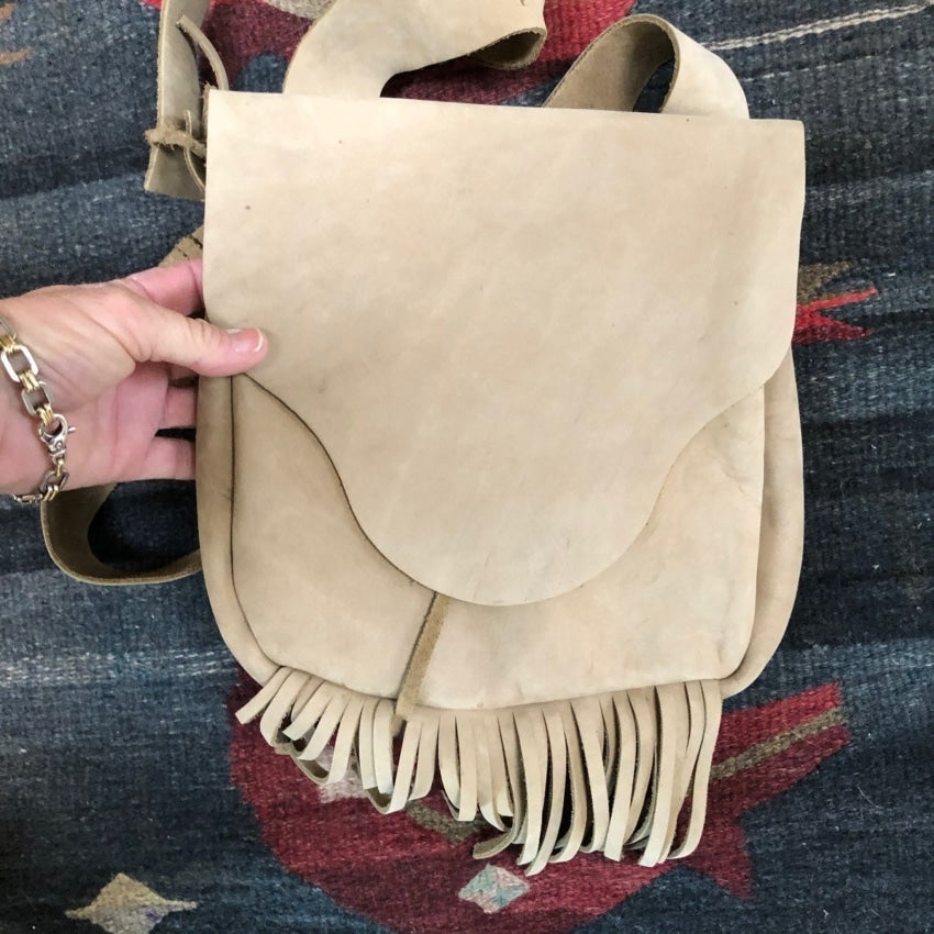 Vintage hand Made Rustic Tan Leather Fringed Bag Yourgreatfinds