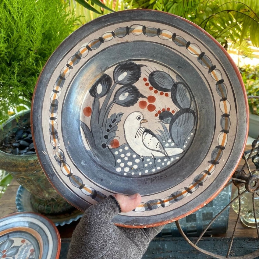 Vintage Handmade Tonola Mexican Pottery Charger Plate Crane - Yourgreatfinds