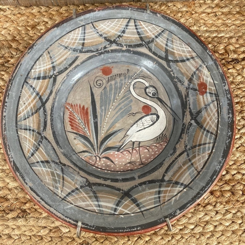 Vintage Handmade Tonola Mexican Pottery Charger Plate With Crane Yourgreatfinds