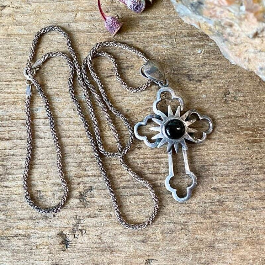 Vintage Holy Cross Necklace with Black Onyx Sterling Silver