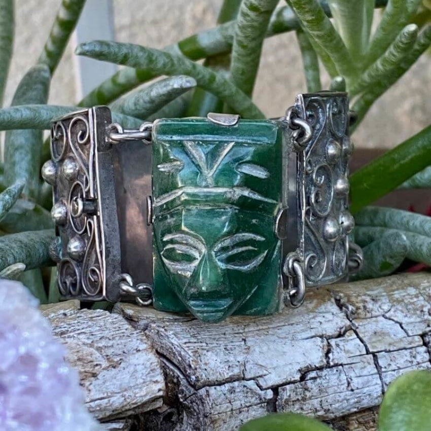 Vintage Mexican Green Jade Mask Panel Bracelet in Sterling Silver Yourgreatfinds