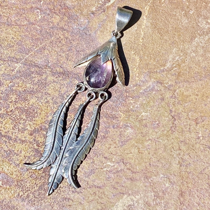 Vintage Mexican Natural Amethyst Three Feather Pendant Sterling Charms &amp; Pendants
