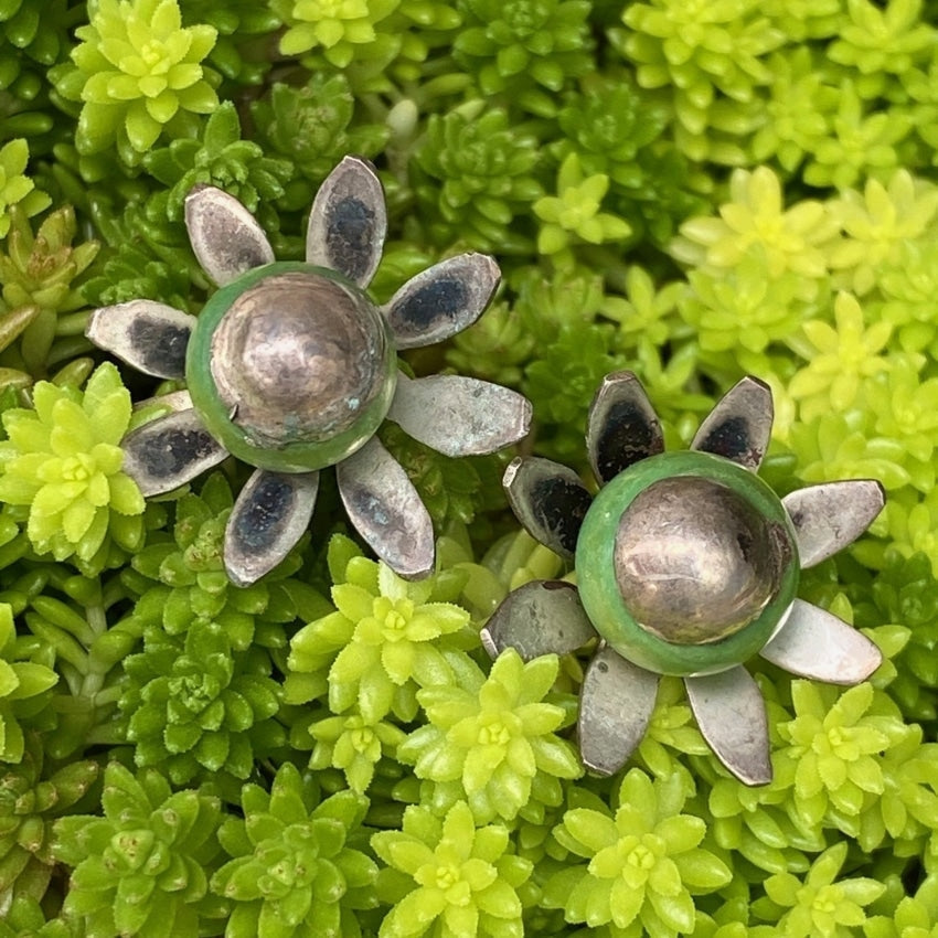 Vintage Mexican Sterling Silver Flower Earrings with Green Calcite Yourgreatfinds