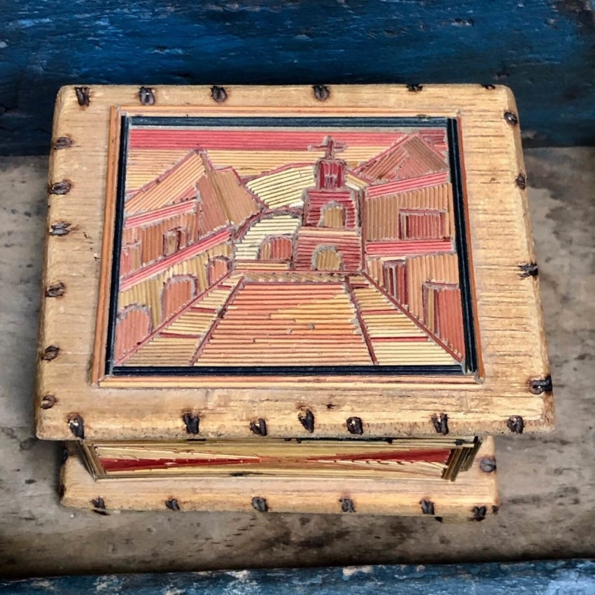 Vintage Mexican Straw Art Trinket Box Wood Church Cross Yourgreatfinds