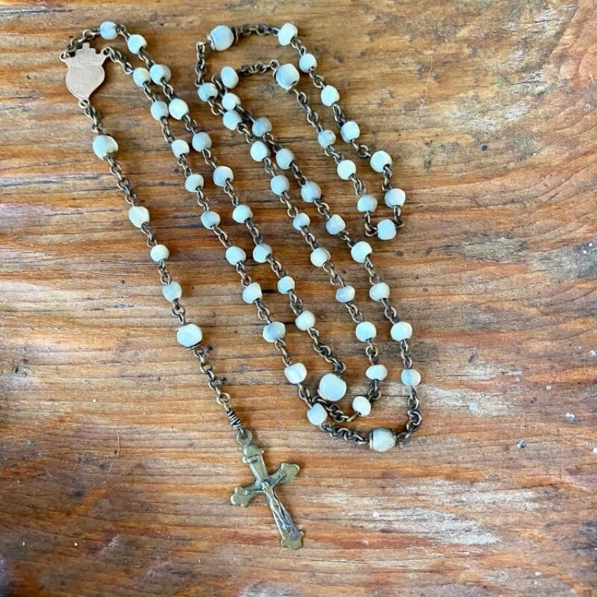 Vintage Mother of Pearl Rosary with Rose Gold Over Brass Yourgreatfinds