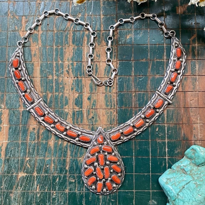 Vintage Navajo Collar Necklace 32 Red Coral Stones Sterling Yourgreatfinds