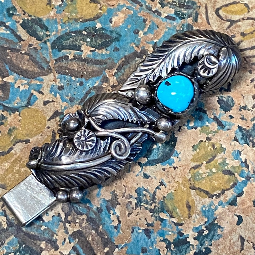 Vintage Navajo Ladies Sterling Silver Turquoise Money Clip