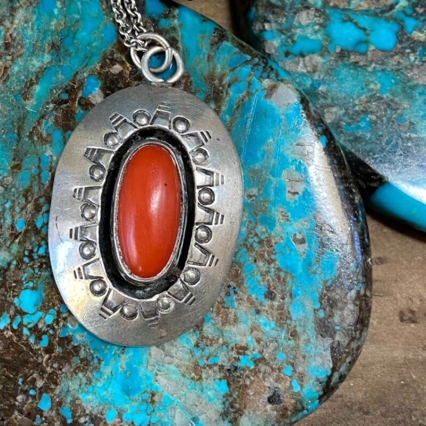 Vintage Navajo Shadowbox Necklace with Red C.oral Sterling Silver Yourgreatfinds