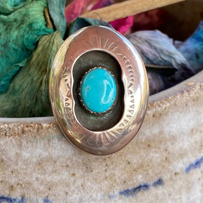 Vintage Navajo Stamped Turquoise Shadowbox Ring Sterling 8 Yourgreatfinds