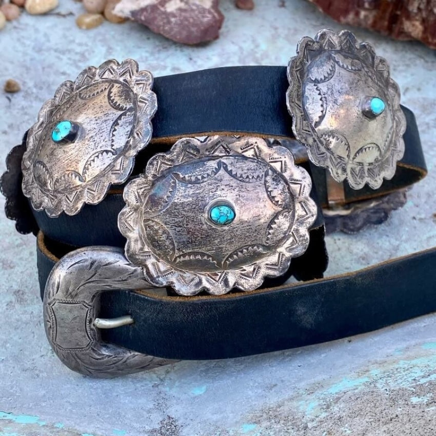 Vintage Navajo Sterling Silver Concho Belt with Turquoise Sunset Trails Buckle Yourgreatfinds