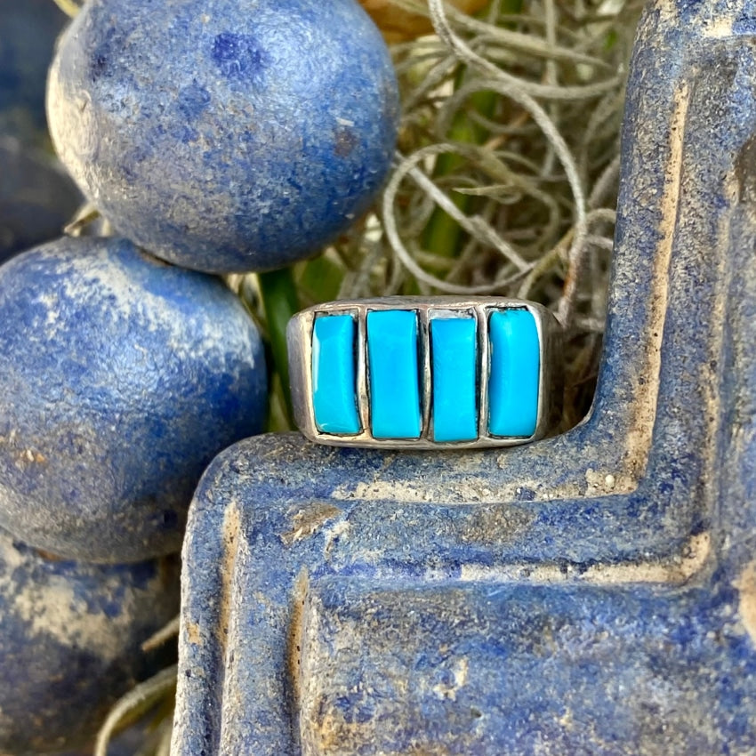 Vintage Navajo Sterling Silver Inlay Turquoise Row Ring Size 10 Rings