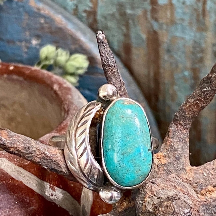 Vintage Navajo Sterling Silver One Feather Turquoise Rings Size 6 Yourgreatfinds