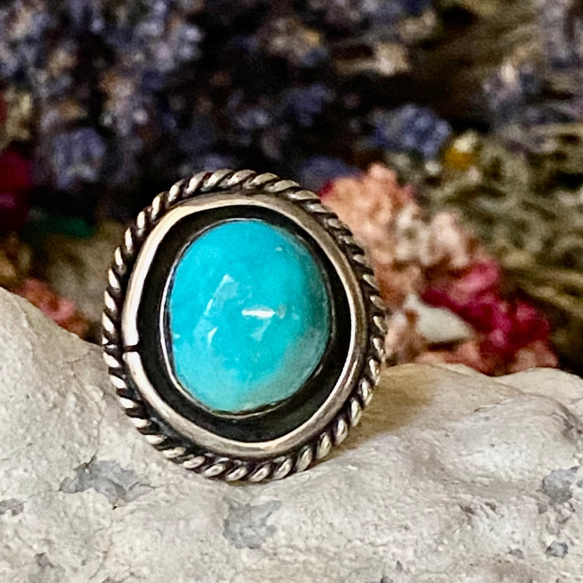 Vintage Navajo Sterling Silver Round Turquoise Ring Size 7