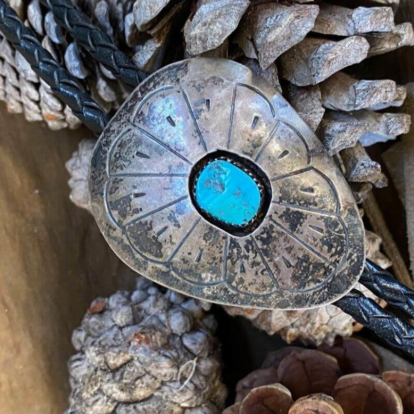 Vintage Navajo Sterling Silver Shadowbox Bolo Tie with Turquoise Yourgreatfinds