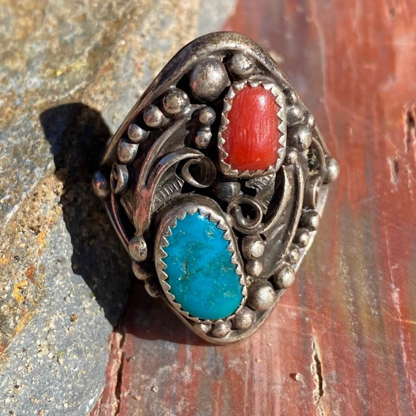 Vintage Navajo Sterling Silver Turquoise Coral Ring Size 11