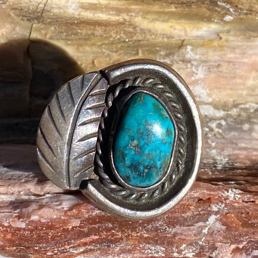 Vintage Navajo Turquoise One Feather Ring Sterling Silver 5.75