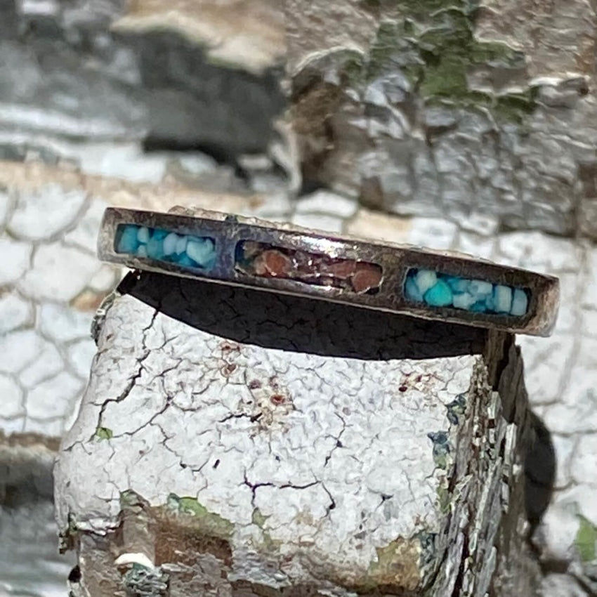 Vintage Rustic Sterling Silver Turquoise Inlay Ring 5.5 Yourgreatfinds