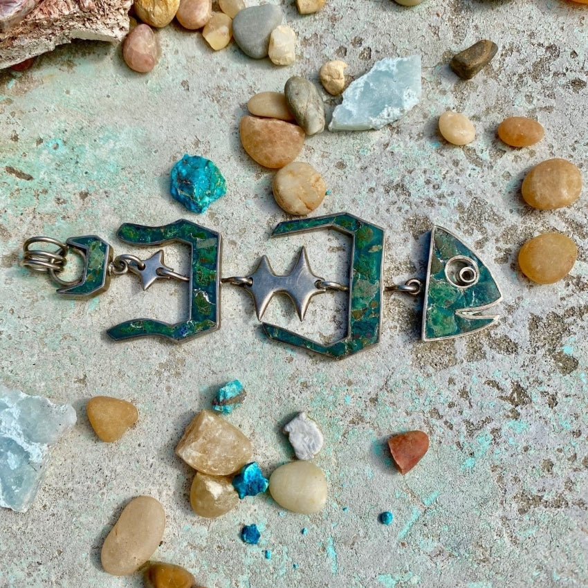 Vintage Sectional Fish Pendant in Sterling Silver with Inlay Mexico Yourgreatfinds