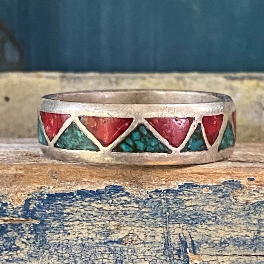 Vintage Southwestern Band Ring with Chip Mosaic Size 9 3/4 Yourgreatfinds
