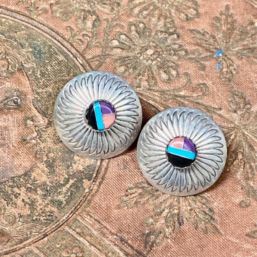 Vintage Southwestern Sterling Silver Concho Inlay Earrings Yourgreatfinds