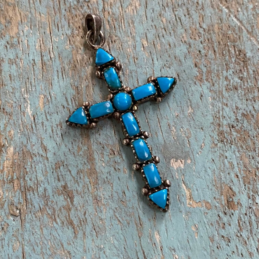 Vintage Southwestern Sterling Silver Turquoise Cross Pendant Jewelry