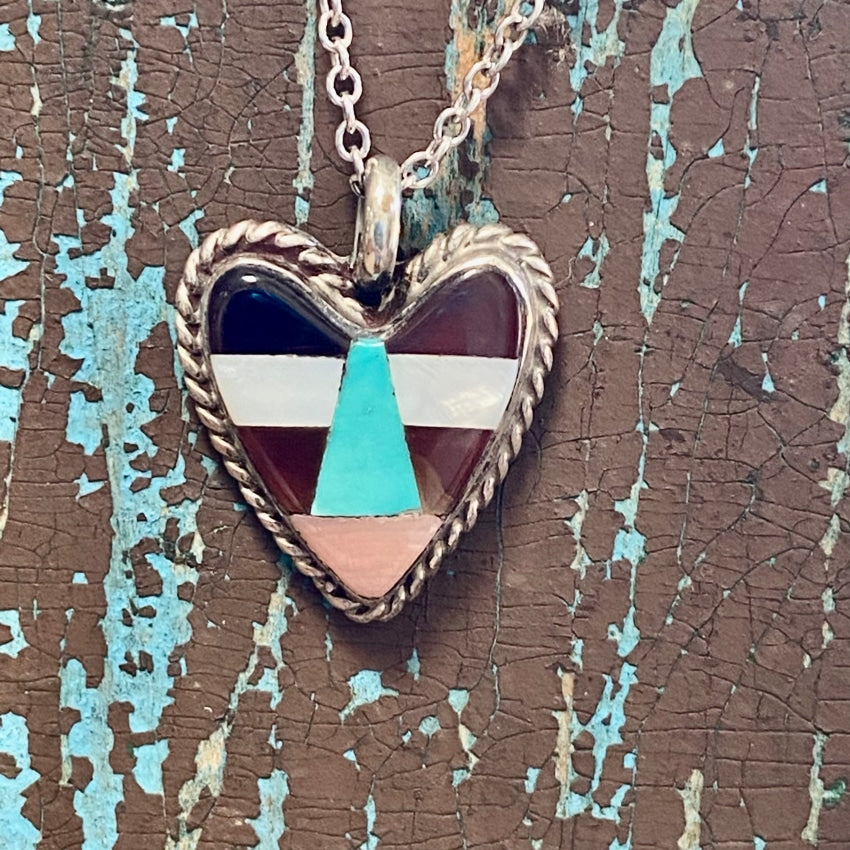 Vintage Southwestern Sterling Silver Turquoise Inlay Heart Necklace
