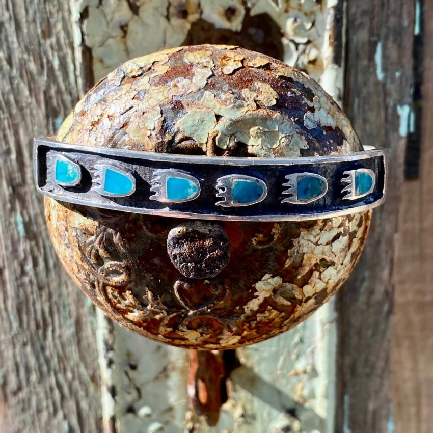 Vintage Southwestern Turquoise Bear Track Cuff Bracelet 925