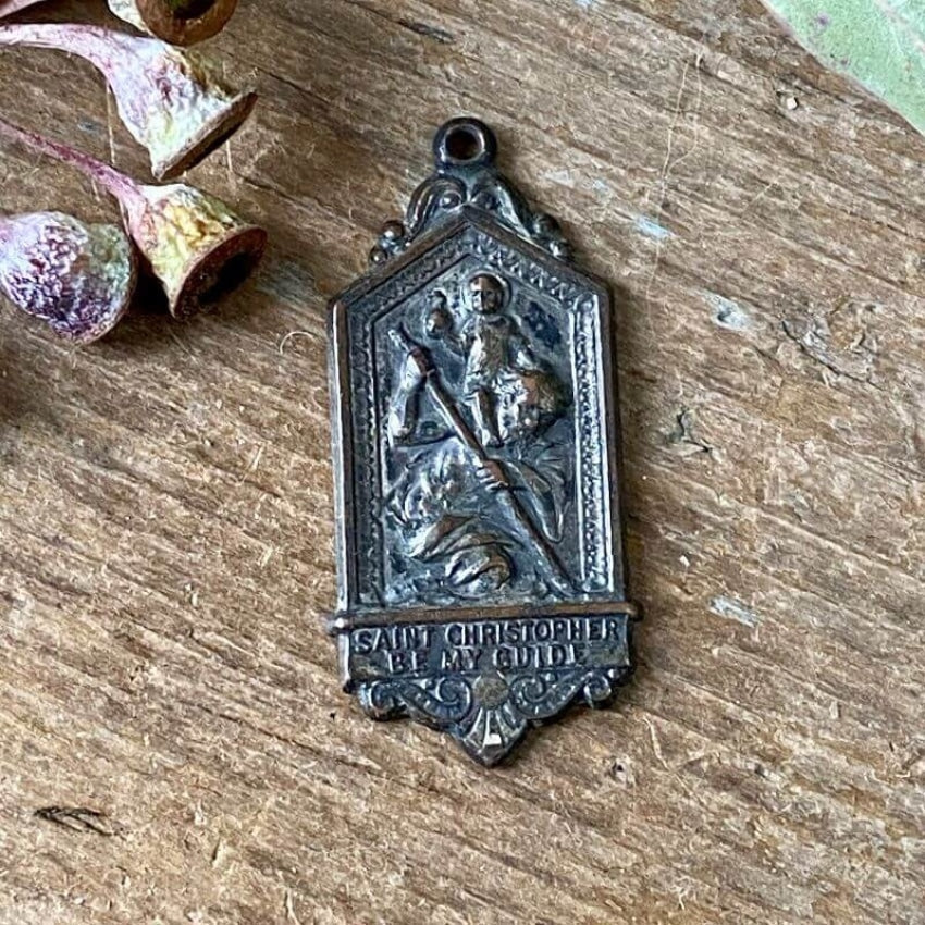 Vintage St. Christopher Metal Pendant with Nice Patina Yourgreatfinds