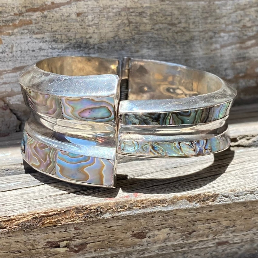 Vintage Sterling Silver Abalone Clamper Bracelet Taxco Mexico Yourgreatfinds