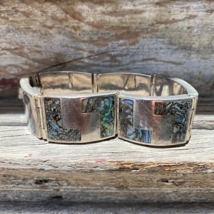 Vintage Sterling Silver Abalone Panel Bracelet Taxco Mexico Yourgreatfinds