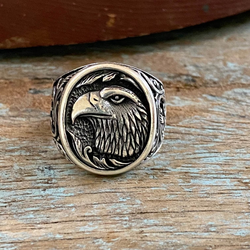 Vintage Sterling Silver American Eagle Signet Ring Size 12