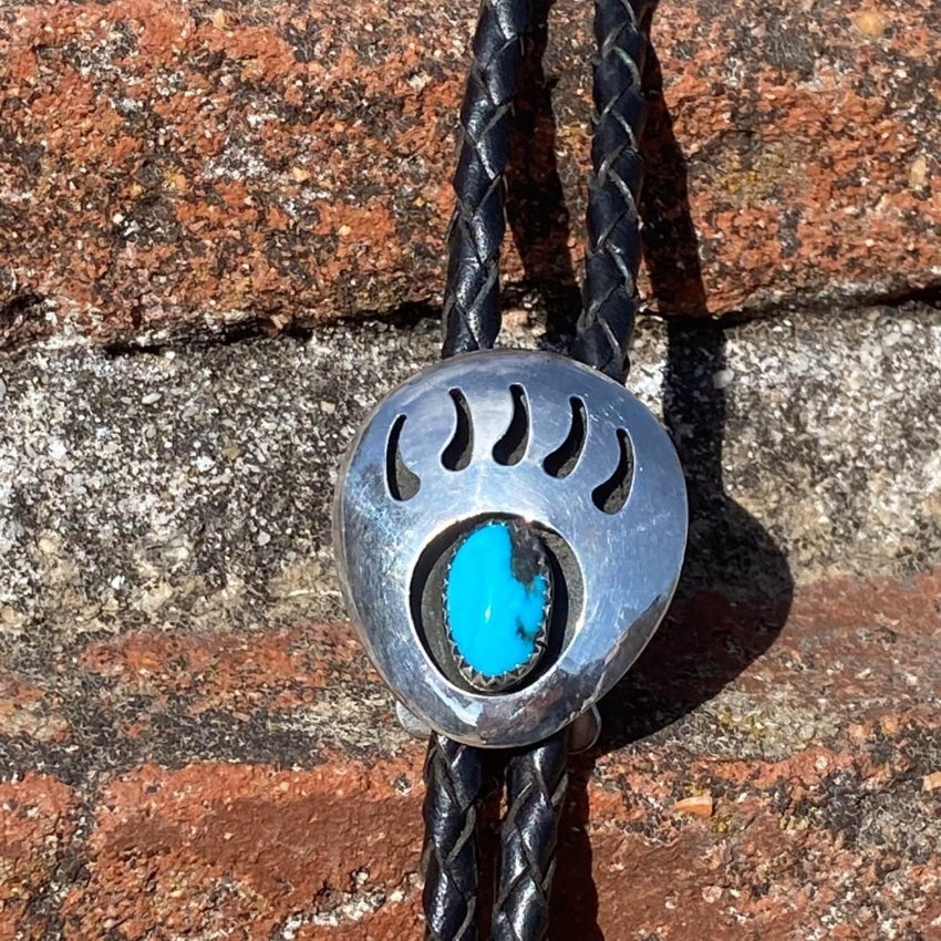 Vintage Sterling SIlver Bear Track Shadowbox Bolo Tie with Turquoise Yourgreatfinds