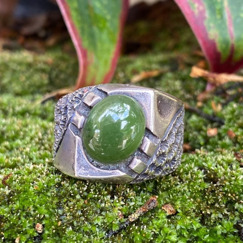 Vintage Sterling Silver Brutalist Style Ring Green Jade Size 9 Yourgreatfinds
