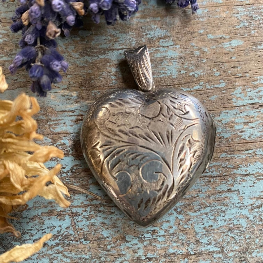 Vintage Sterling Silver Heart Locket Pendant Etched