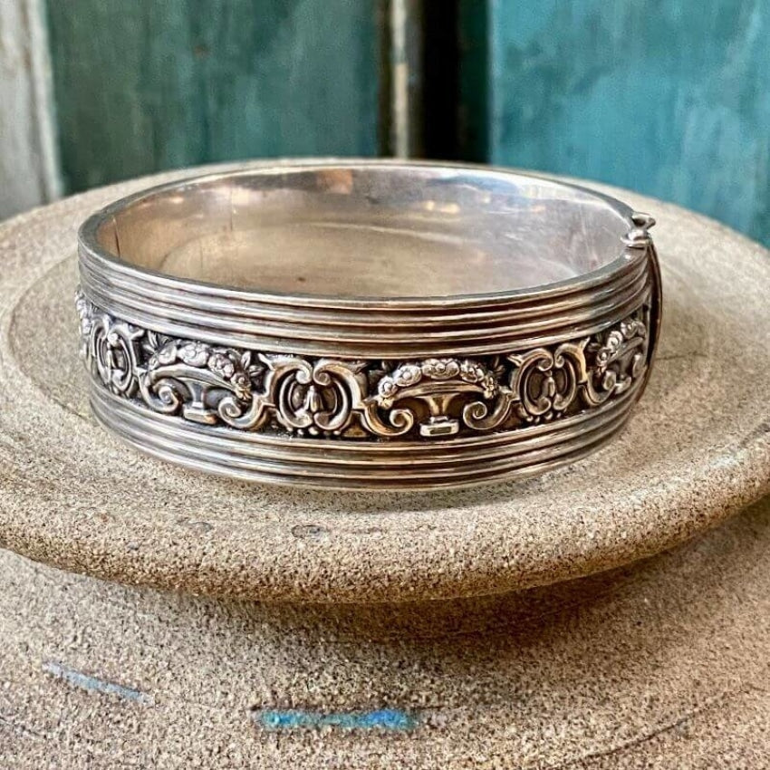 Vintage Sterling Silver Hinged Bangle Bracelet with Floral Design Yourgreatfinds