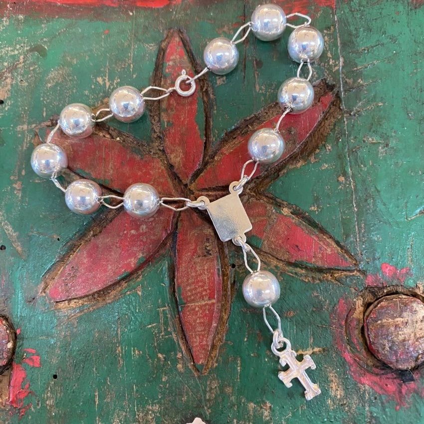 Vintage Sterling Silver Pearls Rosary Style Cross Bracelet