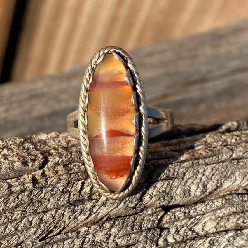 Vintage Sterling Silver Ring with Banded Agate Stone Size 6.75 Yourgreatfinds