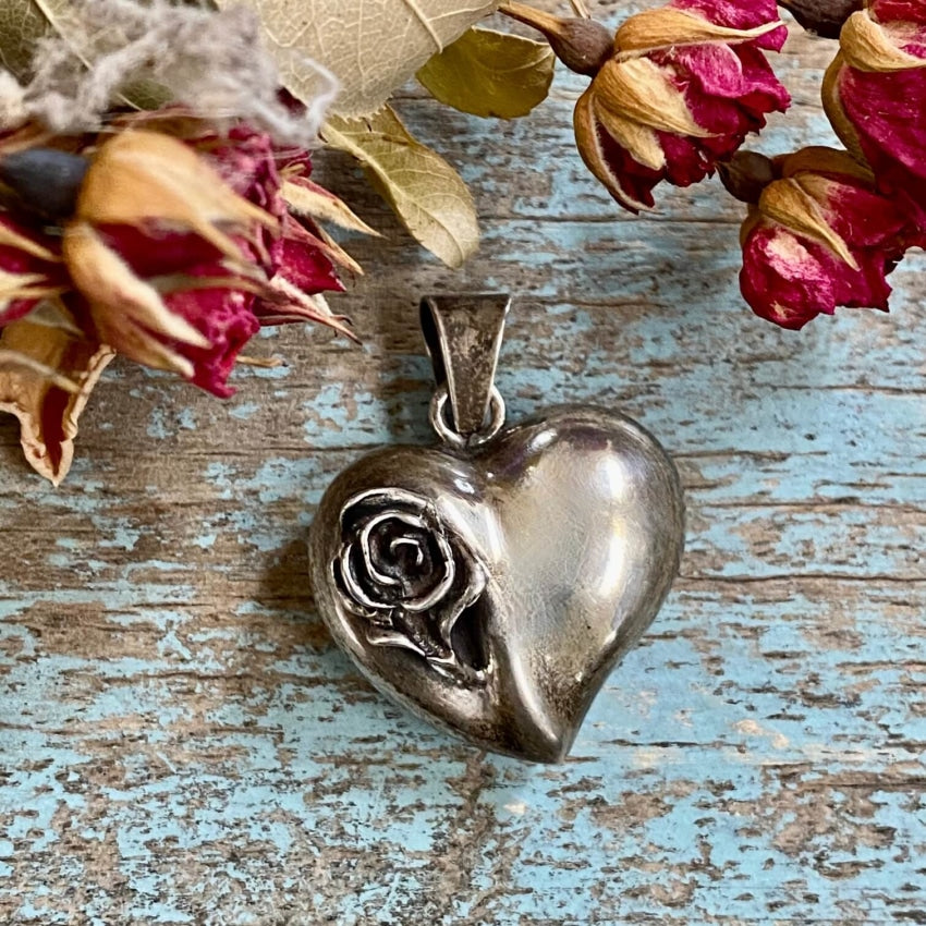 Vintage Sterling Silver Rose Puffy Heart Pendant - Yourgreatfinds