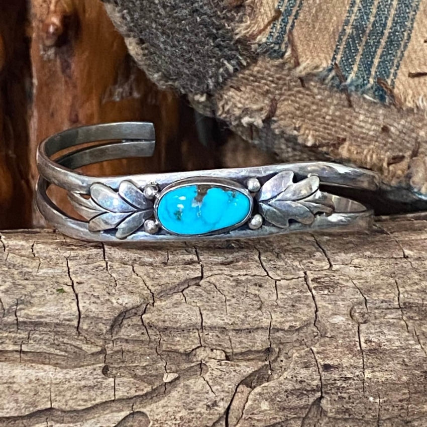 Vintage Sterling Silver Two Feather Bracelet Turquoise