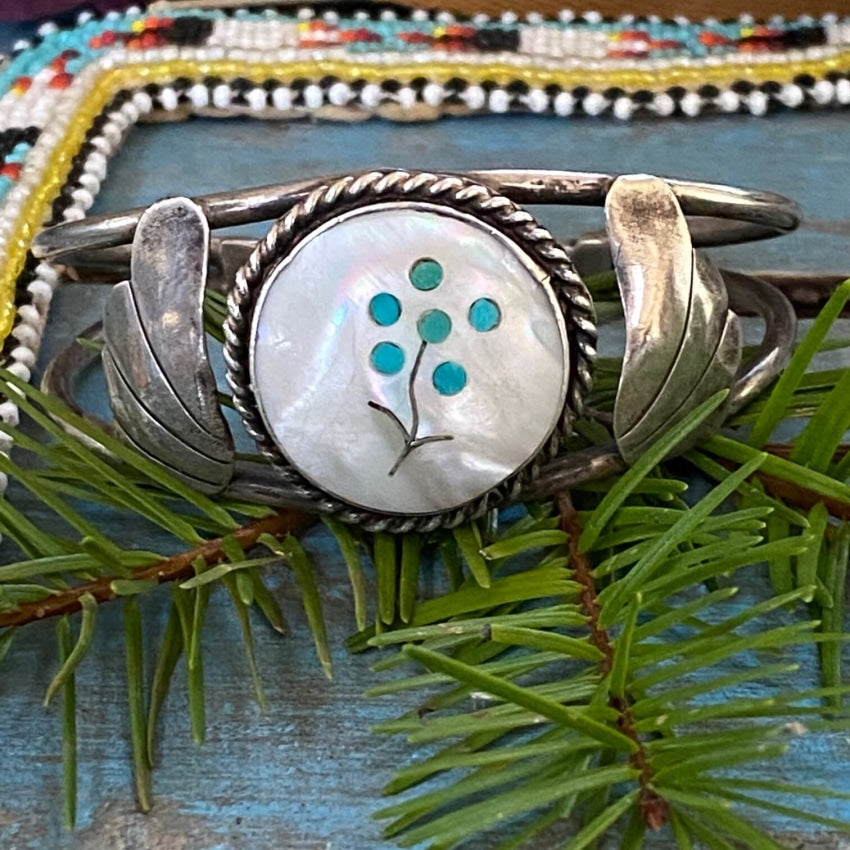 Vintage Zuni Sterling Silver Inlay Flower Bracelet