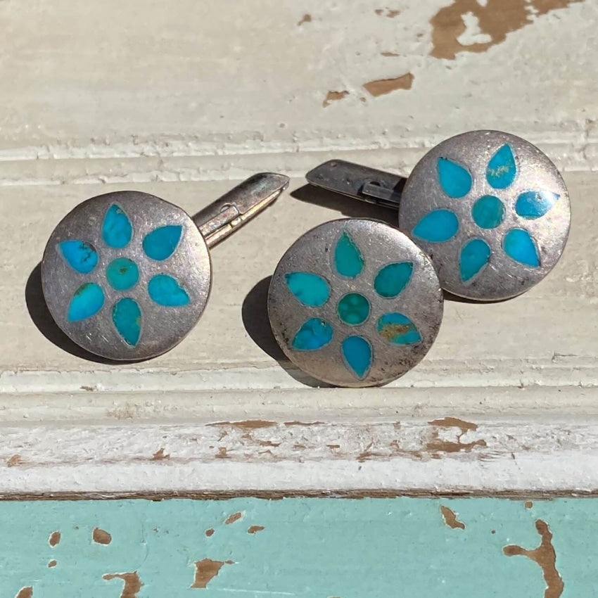 Vintage Zuni Turquoise Inlay Cufflink and Tie Tack Set Sterling Silver Yourgreatfinds