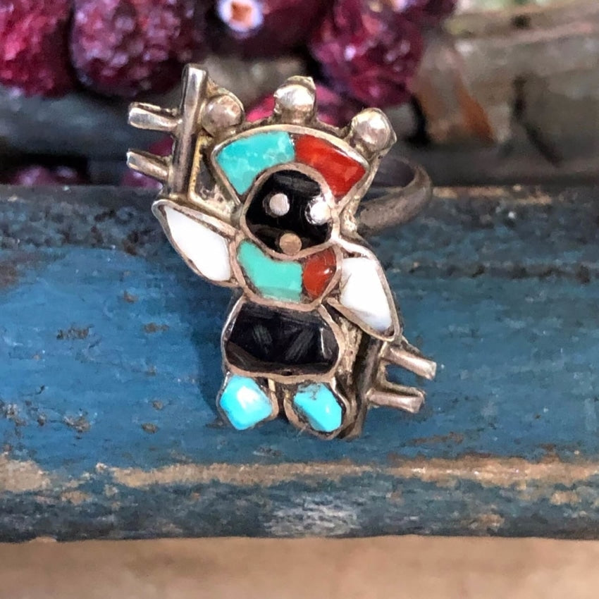 Vintage Zuni Wide Head Kachina Ring Sterling Silver Inlay Yourgreatfinds